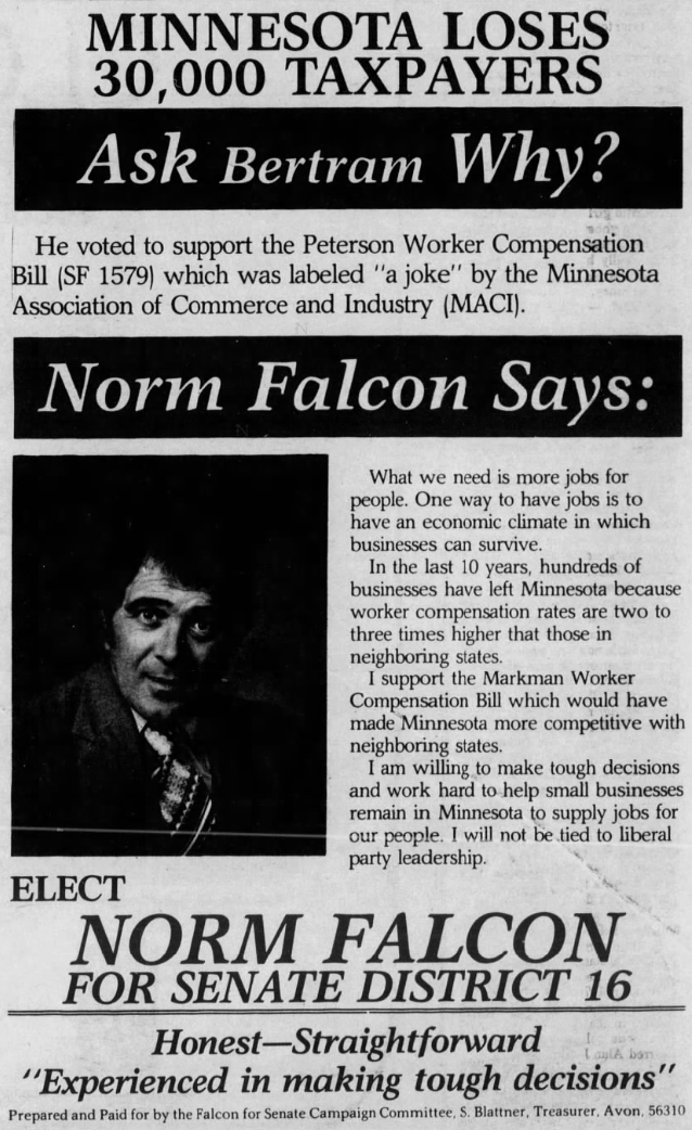 Print advertisement for Norm Falcon's 1982 SD 16 general election campaign.