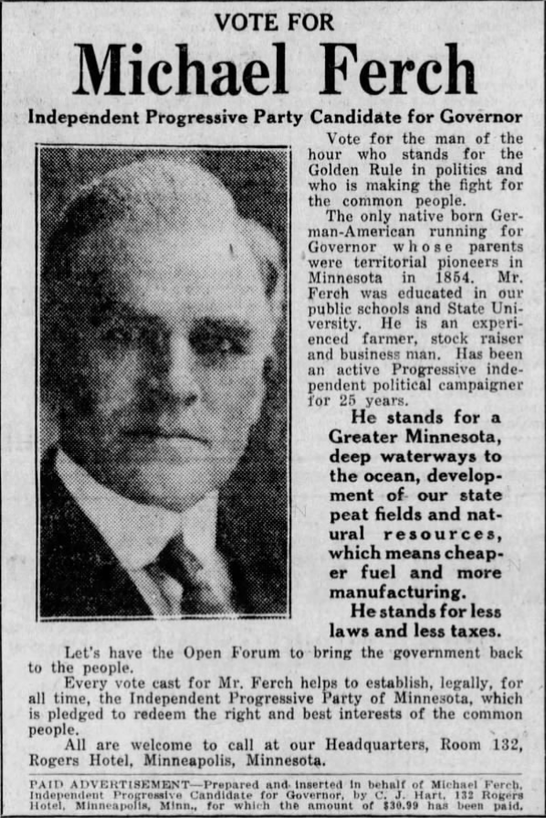 Print advertisement for Michael Ferch's 1924 gubernatorial campaign.