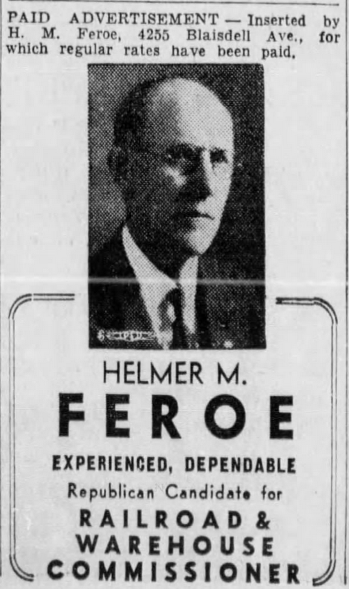 Print advertisement for Helmer M. Feroe's 1942 Railroad & Warehouse Commissioner Republican primary campaign.