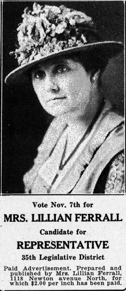 Print advertisement for Lillian Ferrall's 1922 HD 35 general election campaign.