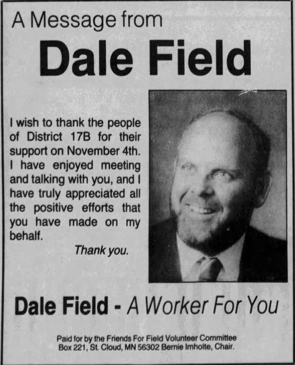 Print advertisement for Dale Fields 1986 HD 17B general election campaign.