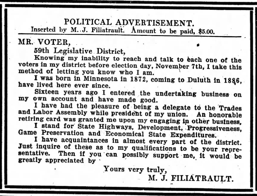 Print advertisement for Moses Filiatrault's 1916 HD 59 general election campaign.