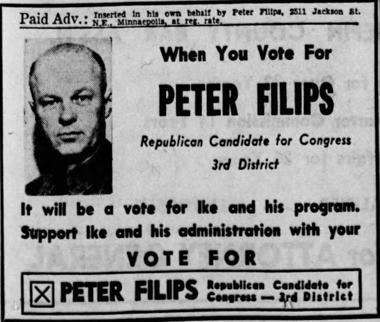 Print advertisement for Peter Filip's 1954 CD 03 Republican primary campaign.