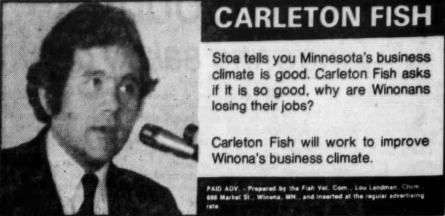 Print advertisement for Carleton W. Fish's 1978 HD 34B general election campaign.