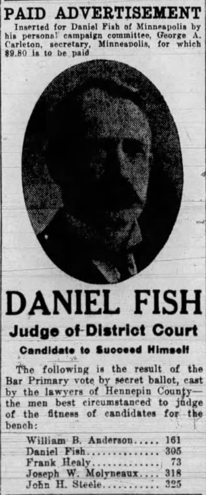 Print advertisement for Daniel Fish's 1914 general election campaign for Fourth Judicial District Judge.