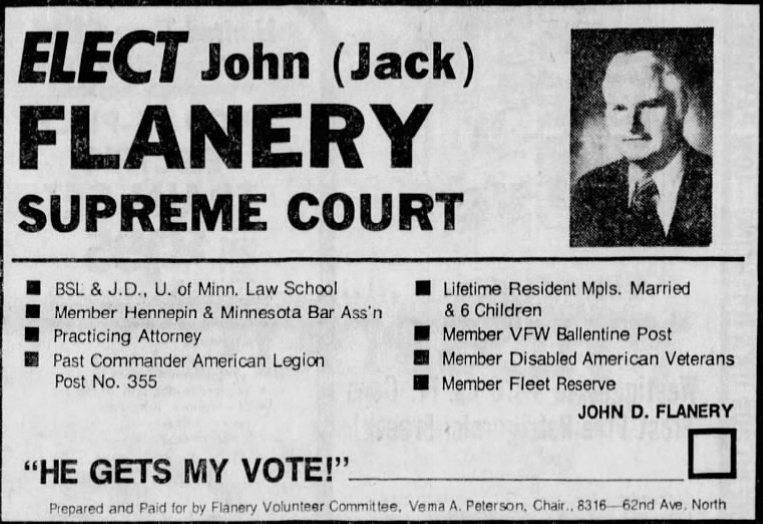 Print advertisement for John D. Flanery's 1974 general election campaign for Supreme Court Associate Justice.