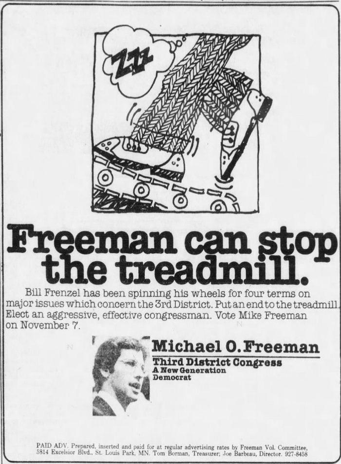 Print advertisement for Michael O. Freeman's 1978 3rd CD general election campaign.