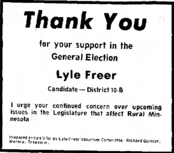 Print advertisement for Lyle L. Freer's 1974 HD 10B general election campaign.