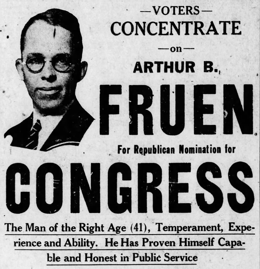 Print advertisement (detail) for Arthur B. Fruen's 1926 CD 10 Republican primary campaign.