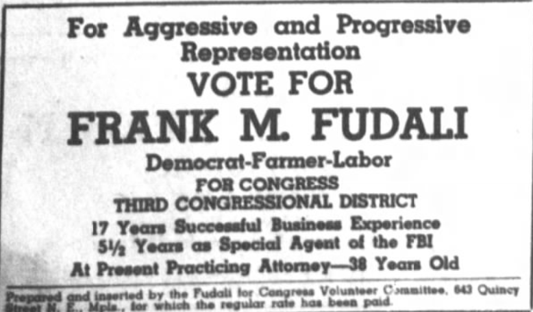 Print advertisement for Frank M. Fudali's 1946 CD 03 DFL primary campaign.