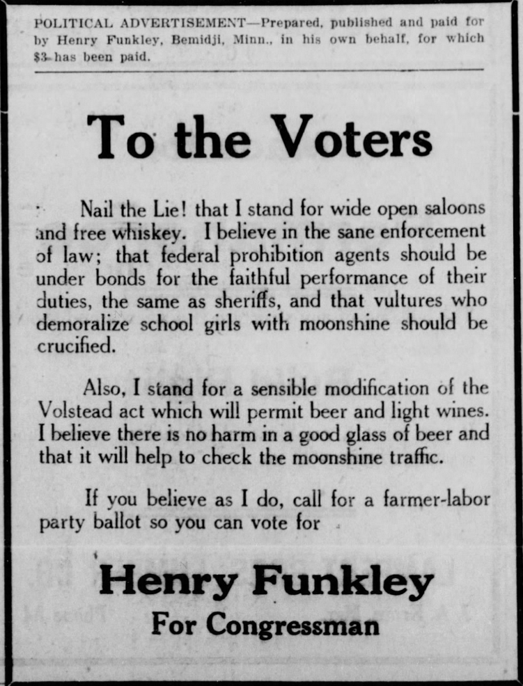 Print advertisement for Henry Funkley's 1924 CD 06 Farmer-Labor primary campaign.