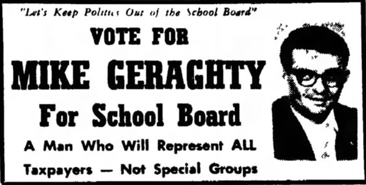 Print advertisement for Joh Geraghty's 1963 campaign for Austin School Board.