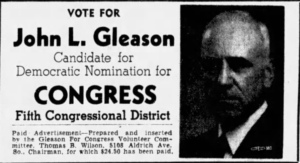 Print advertisement for Jame L. Gleason's 1938 CD 05 Democratic primary campaign.