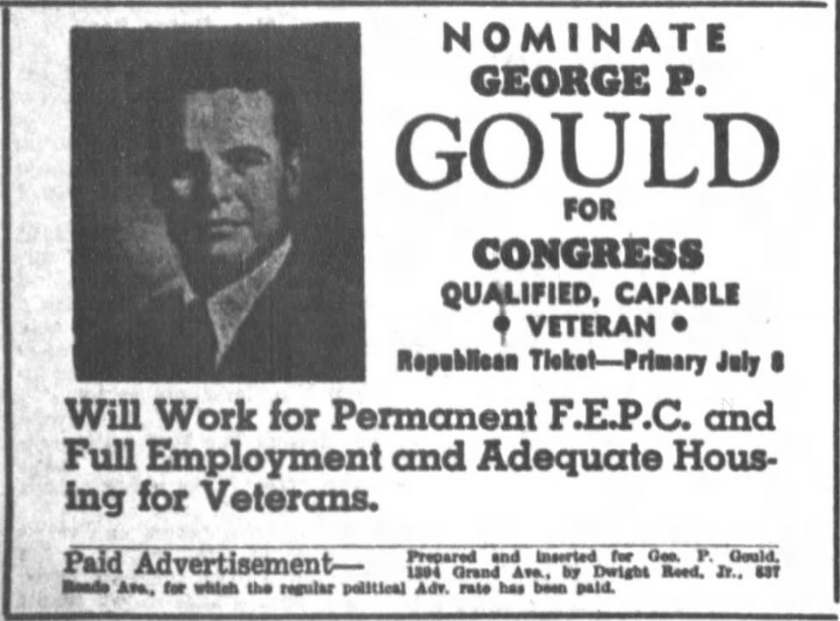 Print advertisement for George P. Gould's 1946 CD 04 Republican primary campaign.
