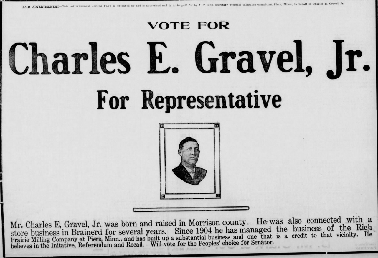 Print advertisement for Charles E. Gravel's 1904 HD 48 general election campaign.
