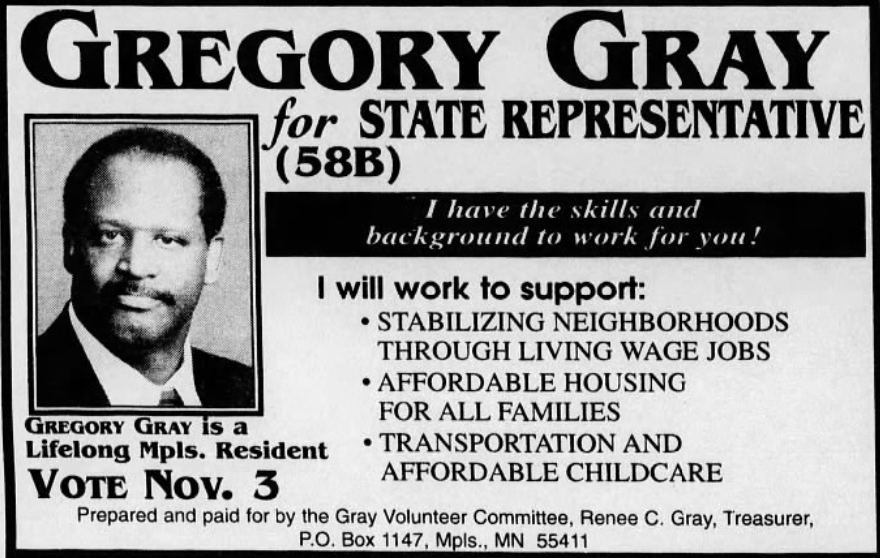 Print advertisement for Gregory Gray's 1998 HD 58B general election campaign