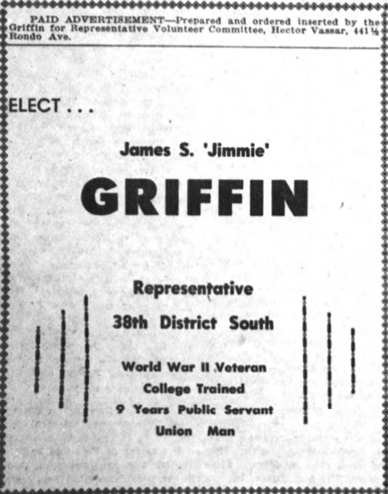 Print advertisement for James S. Griffin's 1950 HD 38 election campaign.