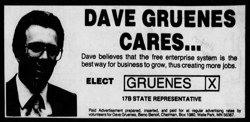Print advertisement for Dave Gruenes' 1980 HD 17B general election campaign.