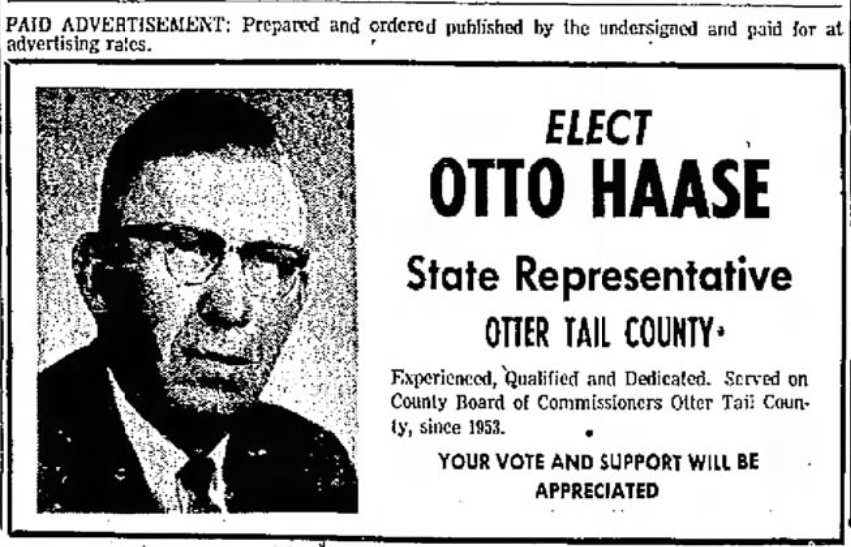Print advertisement for Otto Haase's 1968 HD 55 primary election campaign.