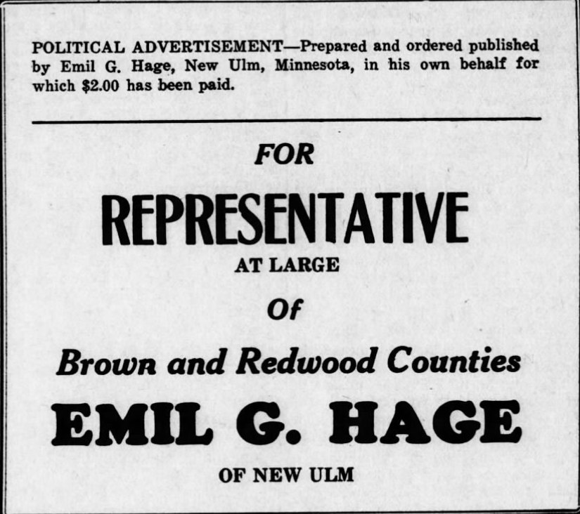Print advertisement for Emil G. Hage's 1934 HD 14 primary election campaign.
