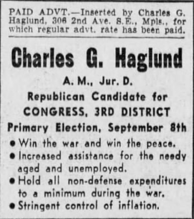 Print advertisement for Charles G. Haglund's 1942 CD 03 Republican primary campaign.