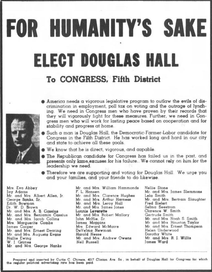 Print advertisement for Douglas Hall's 1946 CD 05 general election campaign.