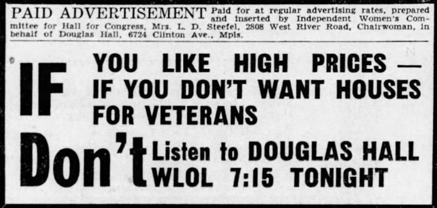 Print advertisement for Douglas Hall's 1946 CD 05 general election campaign.