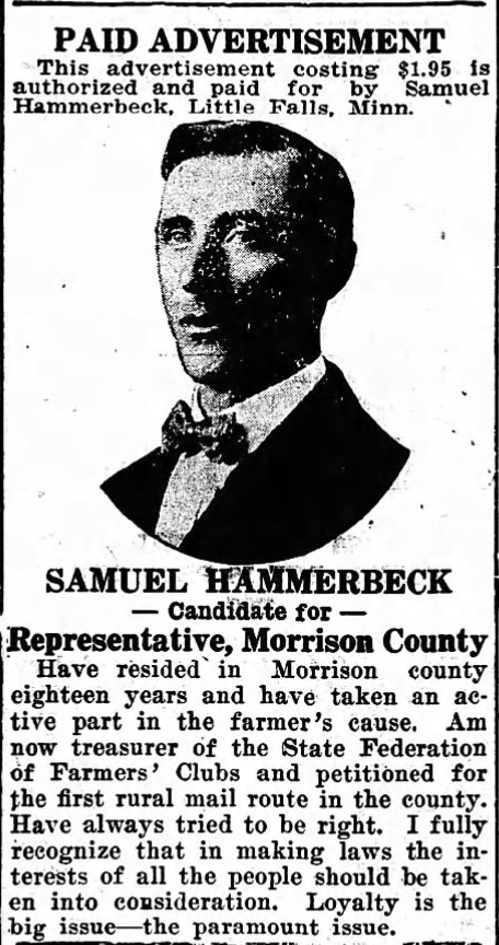 Print advertisement for Samuel Hammerbecks 1918 HD 53 primary election campaign.