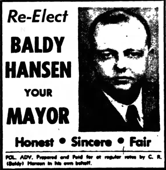 Print advertisement for Charles R. Hansen's 1962 Austin Mayoral campaign.