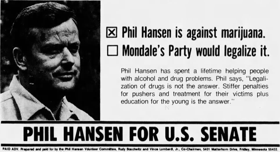 Print advertisement for Phil L. Hansen's 1972 U.S. Senate general election campaign.
