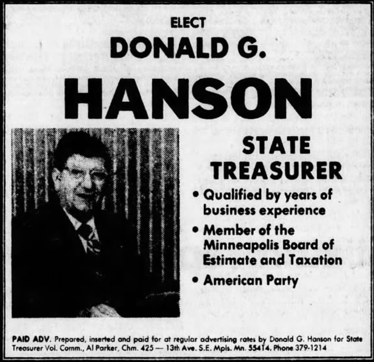 Print advertisement for Donald G. Hanson's 1978 Treasurer general election campaign.