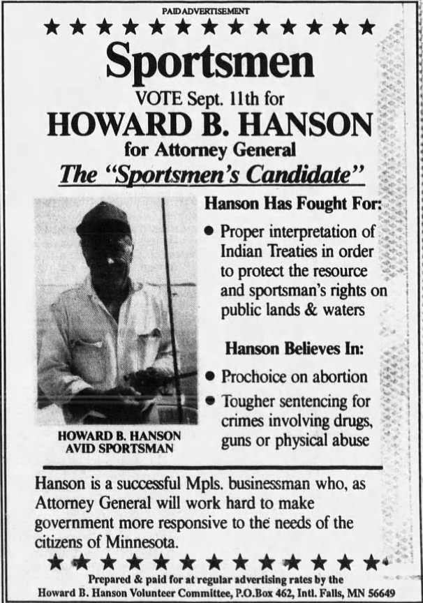Print advertisement for Howard B. Hanson's 1990 Attorney General Independent-Republican primary election campaign.