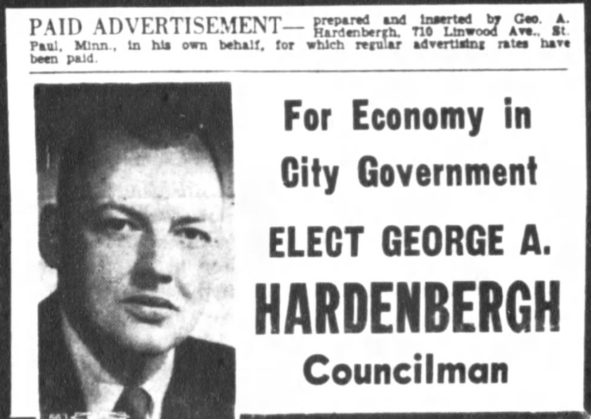Print advertisement for George A. Hardenbergh's 1960 St. Paul City Council campaign.