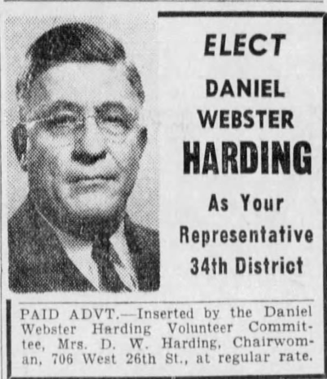 Print advertisement for Daniel Webster Harding's 1942 HD 34 general election campaign.