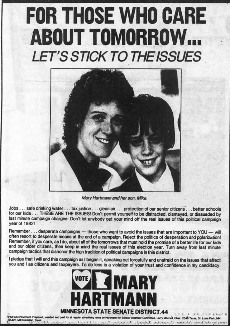 Print advertisement for Mary Hartmann's 1982 SD 44 general election campaign.