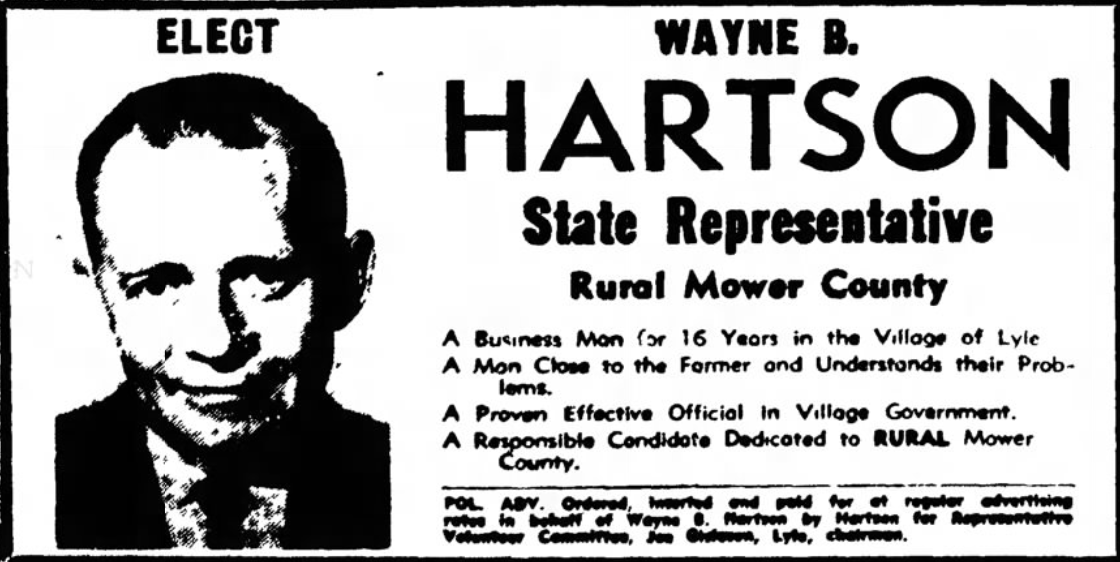 Print advertisement for Wayne B. Hartson's 1962 HD 05 general election campaign.