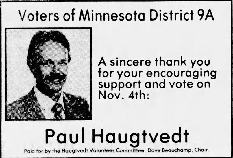 Print advertisement for Paul Haugtvedt's 1980 HD 09A general election campaign