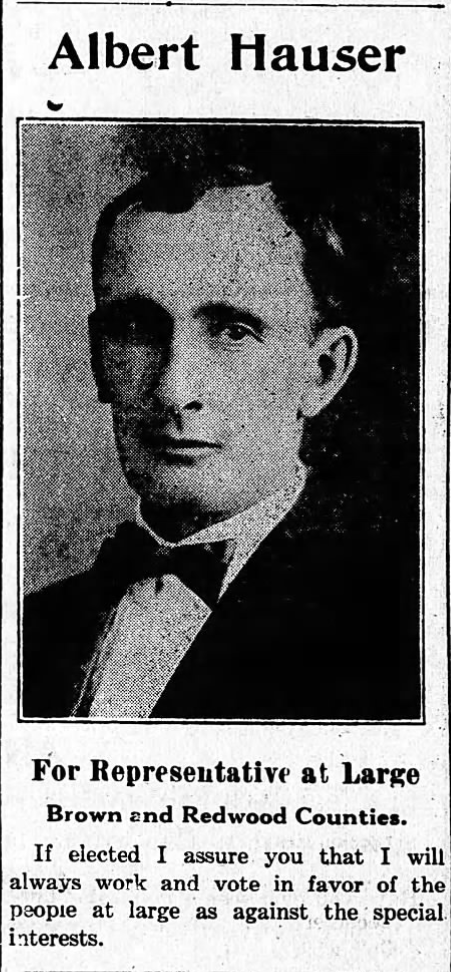 Print advertisement for Albert Hauser's 1914 HD 14 general election campaign.