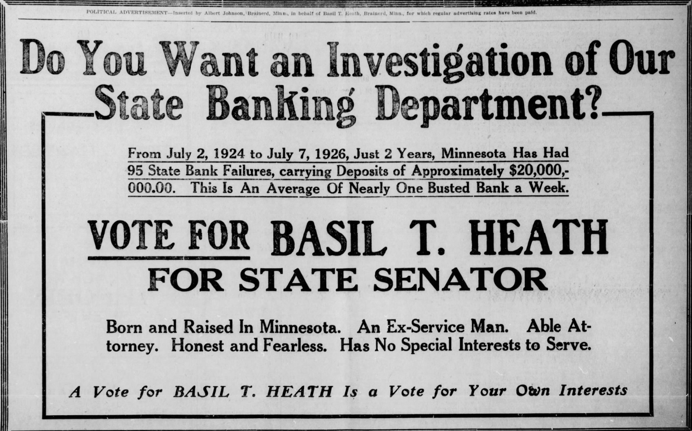 Print advertisement for Basil T. Heath's 1926 SD 53 general election campaign