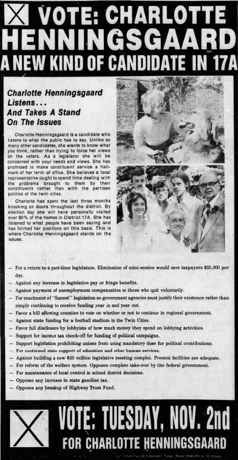 Print advertisement for Charlotte Henningsgaard's 1976 HD 17A general election campaign