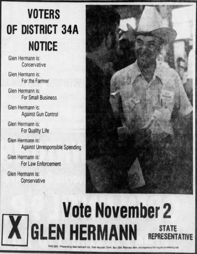 Print advertisement for Glen Hermann's 1976 HD 34A general election campaign
