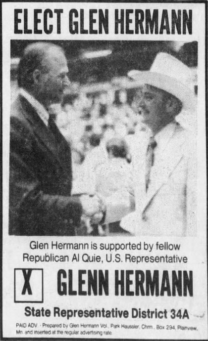 Print advertisement for Glen Hermann's 1976 HD 34A general election campaign