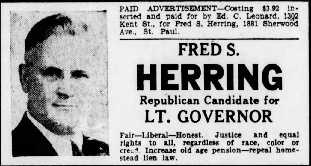 Print advertisement for Fred S. Herring's 1944 Lieutenant Governor Republican primary campaign.