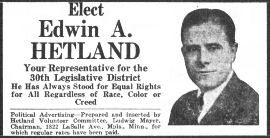Print advertisement for Edwin A. Hetland's 1944 HD 30 primary campaign