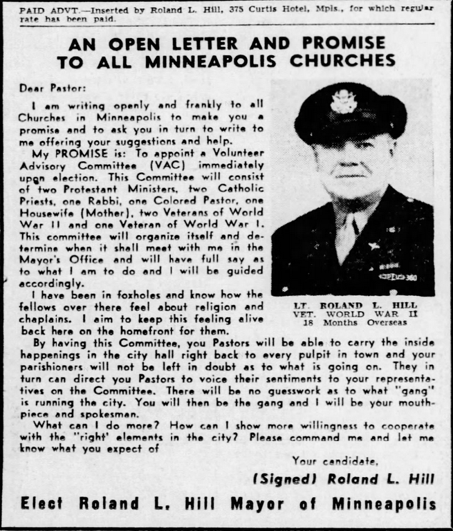 Print advertisement for Roland L. Hill's 1945 Minneapolis Mayoral campaign