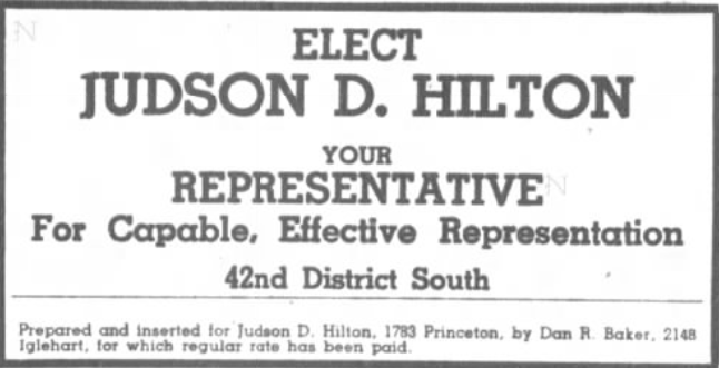 Print advertisement for Judson D. Hilton's 1946 HD 42 general election campaign