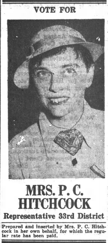Print advertisement for Frances Hitchcock's 1936 HD 33 general election campaign