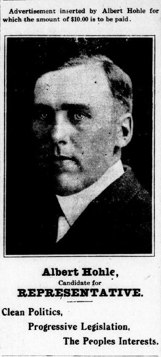 Print advertisement for Albert Hohle's 1916 HD 23 general election campaign