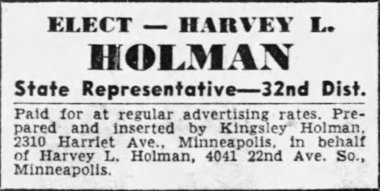 Print advertisement for Harvey L. Holman's 1950 HD 32 general election campaign