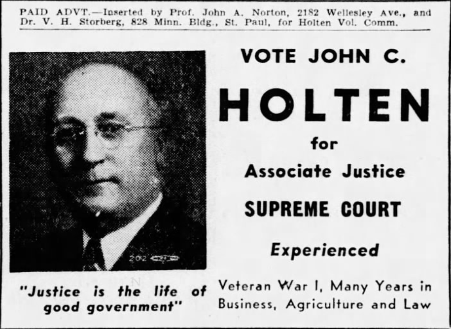 Print advertisement for John C. Holten's 1944 primary campaign for Supreme Court Associate Justice